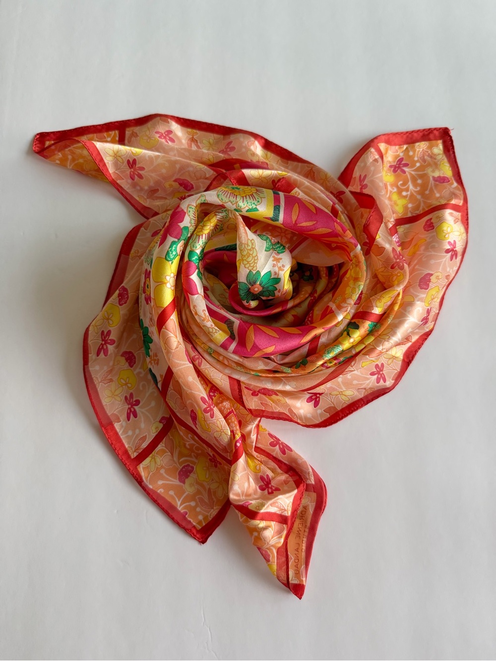 Vintage silk Pink, Green & Yellow Floral Square summer foulard Scarf